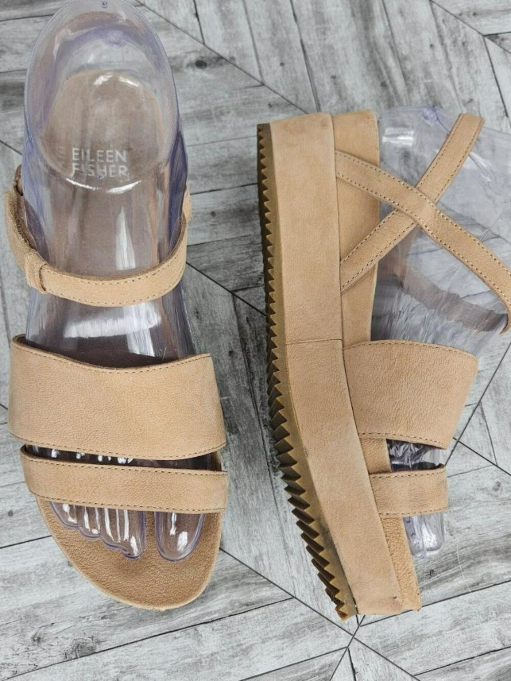 Eileen Fisher Womens Tan Nubuck Leather Platform Sandals 7.5 Nude Beachy Shoes